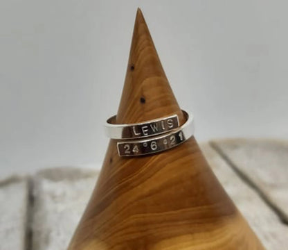 Custom name and date adjustable silver thumb ring