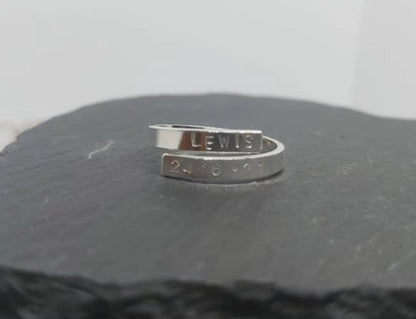 Custom name and date adjustable silver thumb ring