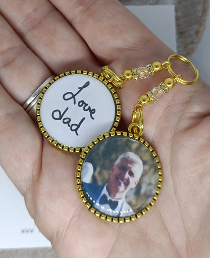 Handwriting and photo wedding bouquet charm keepsake for a bridal bouquet.