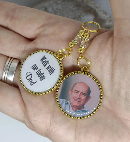Walk with me today Dad. Photo memorial wedding bouquet charm for a bridal bouquet. Name can be changed